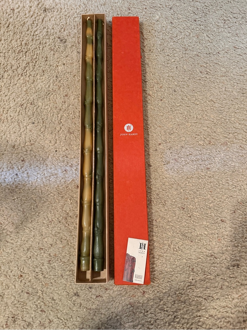 John Hardy Classic Bamboo 100% Beeswax Taper Candles Boxed Pair Vintage